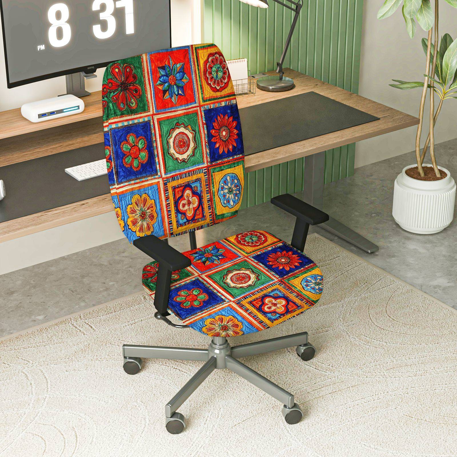 2-Piece Bohemian Colorful Geometric Floral Pattern  Computer Chair Cover Set, Seat and Backrest