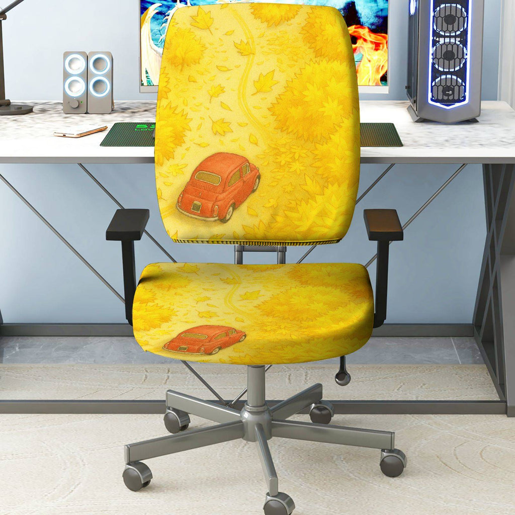 2-Piece Autumn Forest Car Leaf Pattern  Computer Chair Cover Set, Seat and Backrest