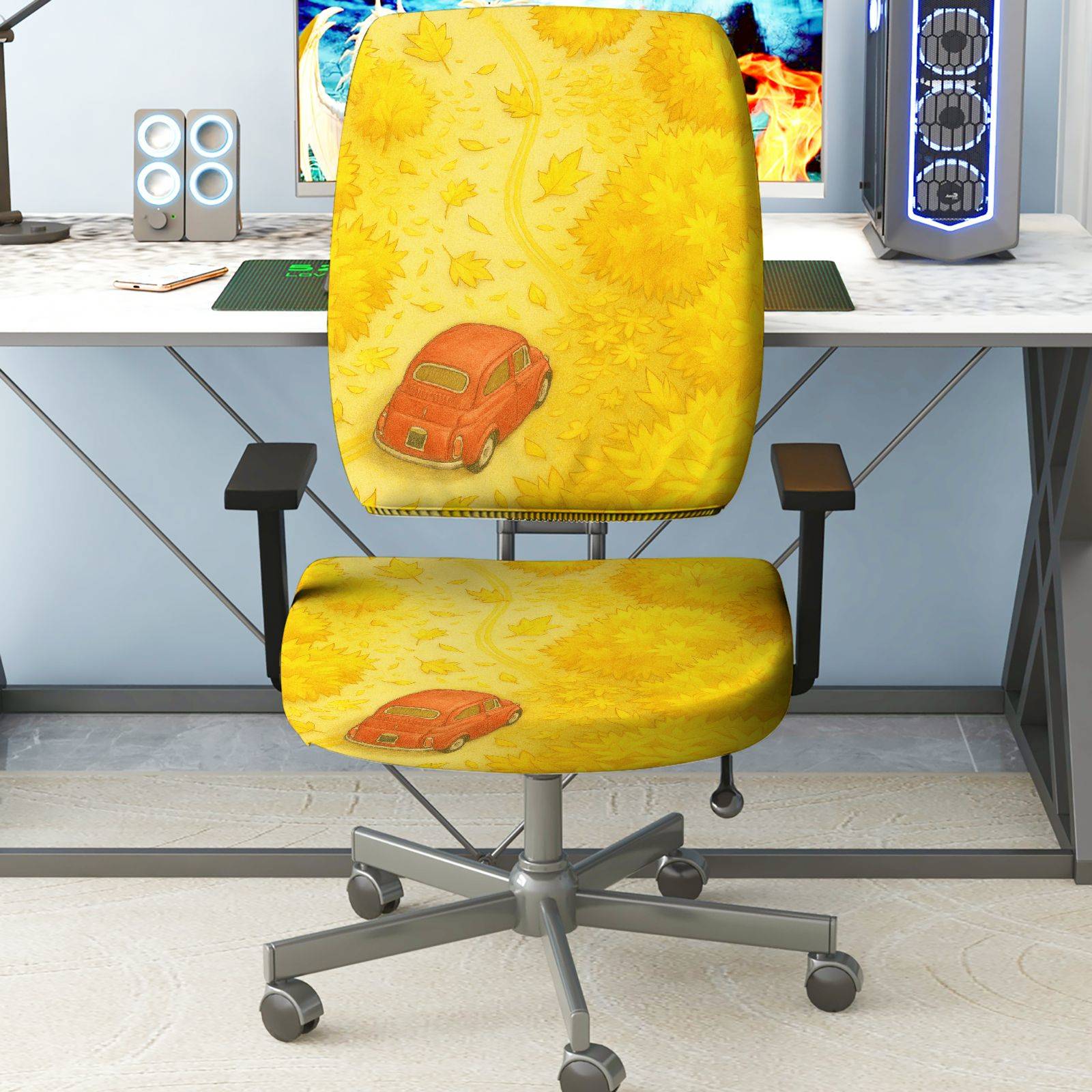 2-Piece Autumn Forest Car Leaf Pattern  Computer Chair Cover Set, Seat and Backrest