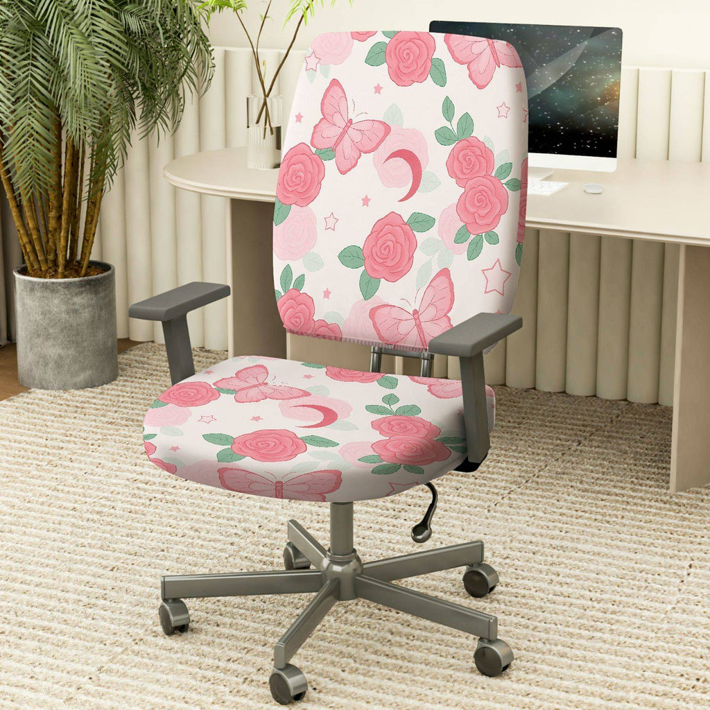 2-Piece Rose Butterfly Moon Star Artistic Floral  Computer Chair Cover Set, Seat and Backrest