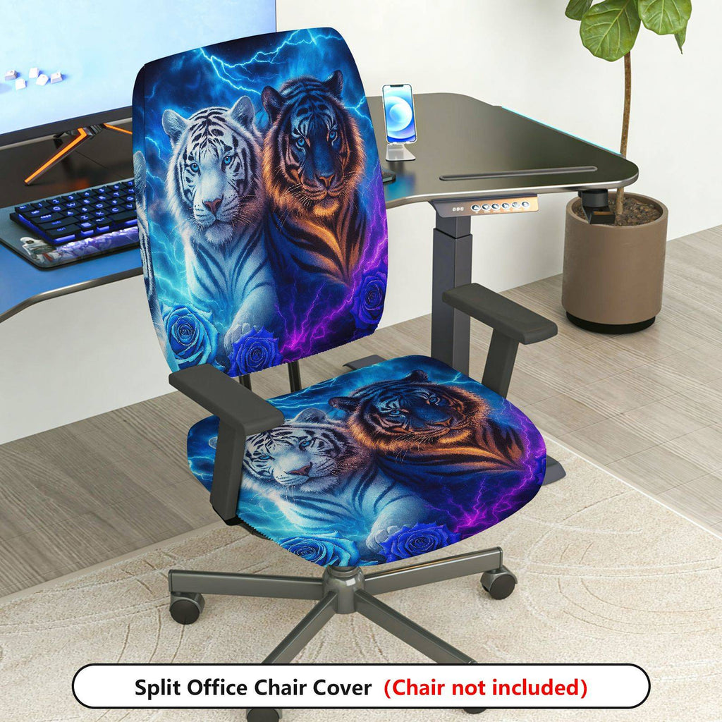 2-Piece Animal Print Tiger Modern Art Lightning Blue Glow  Computer Chair Cover Set, Seat and Backrest