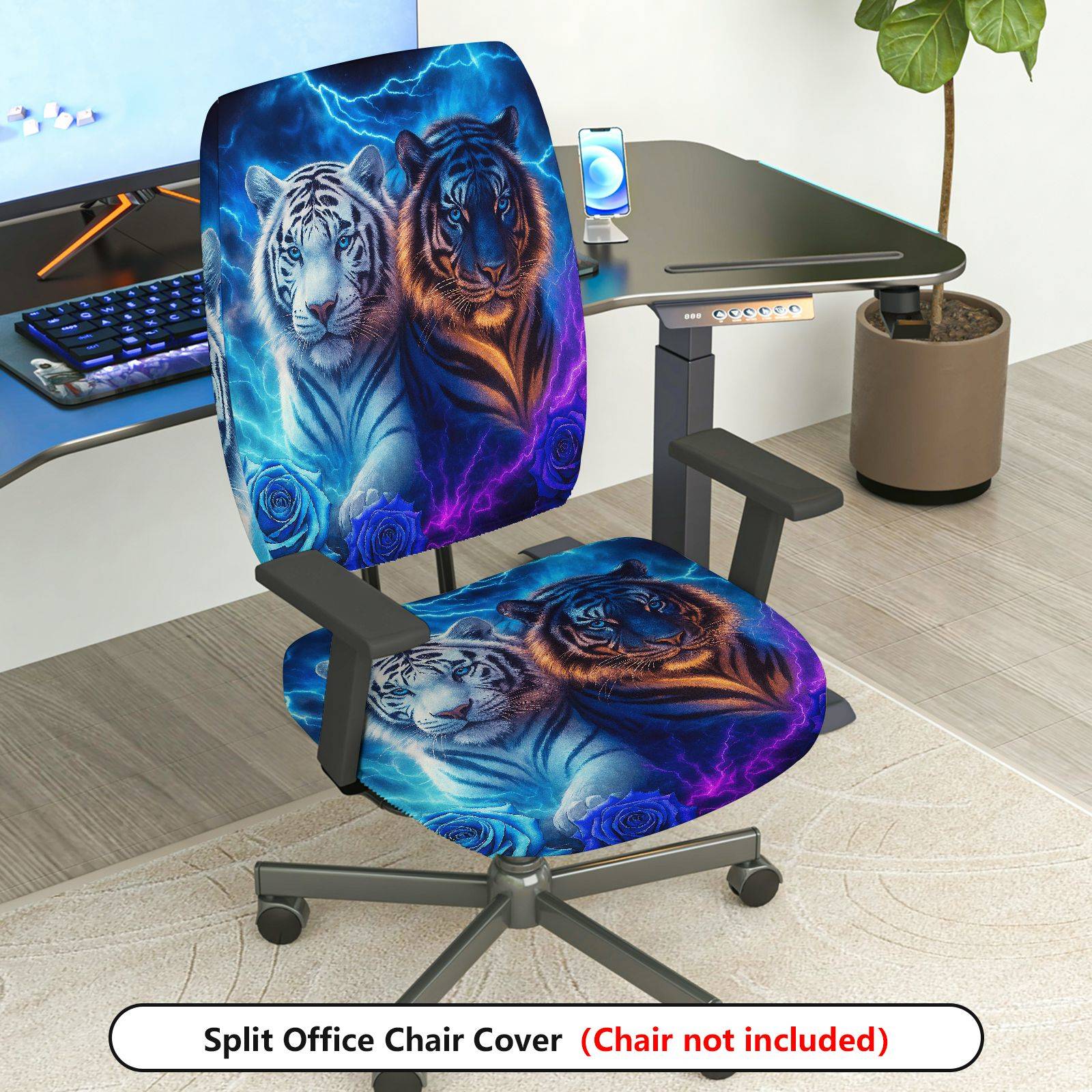 2-Piece Animal Print Tiger Modern Art Lightning Blue Glow  Computer Chair Cover Set, Seat and Backrest