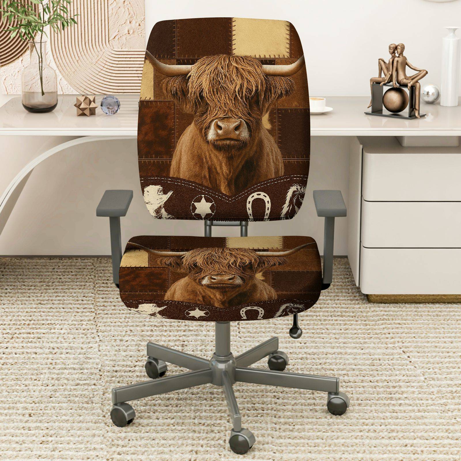 2-Piece Cow Western Farm Rustic Animal Country  Computer Chair Cover Set, Seat and Backrest