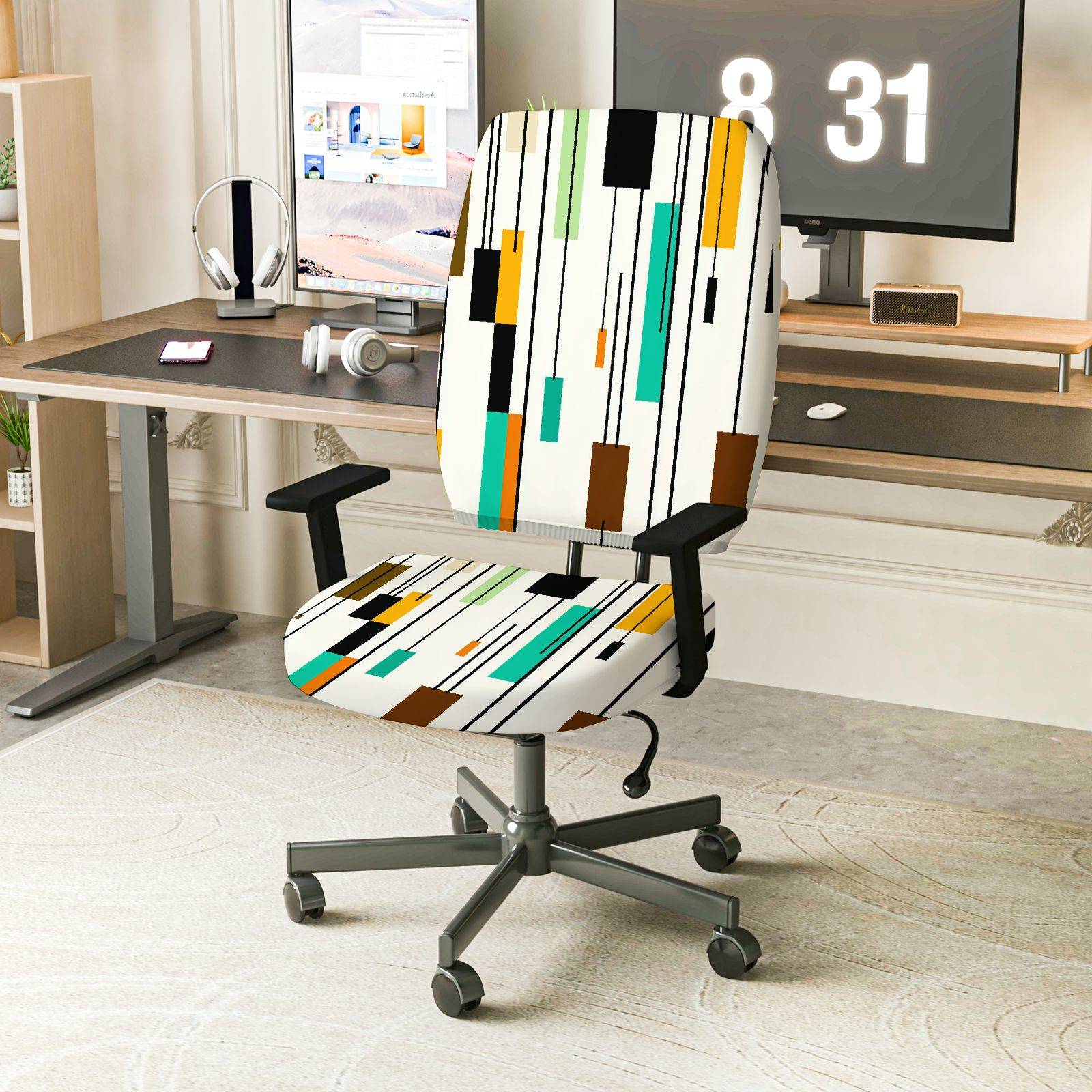 2-Piece Modern Geometric Colorful Pattern  Computer Chair Cover Set, Seat and Backrest