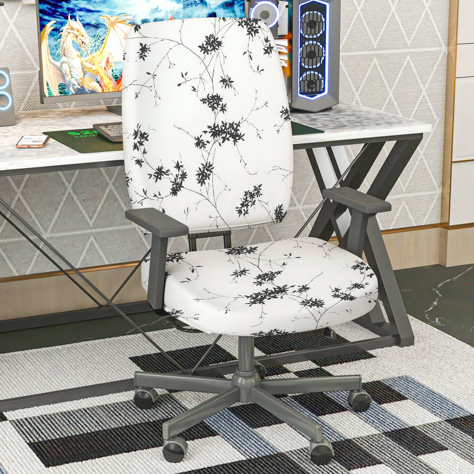 2-Piece Black Floral Printed Modern Elegant Decorative  Computer Chair Cover Set, Seat and Backrest
