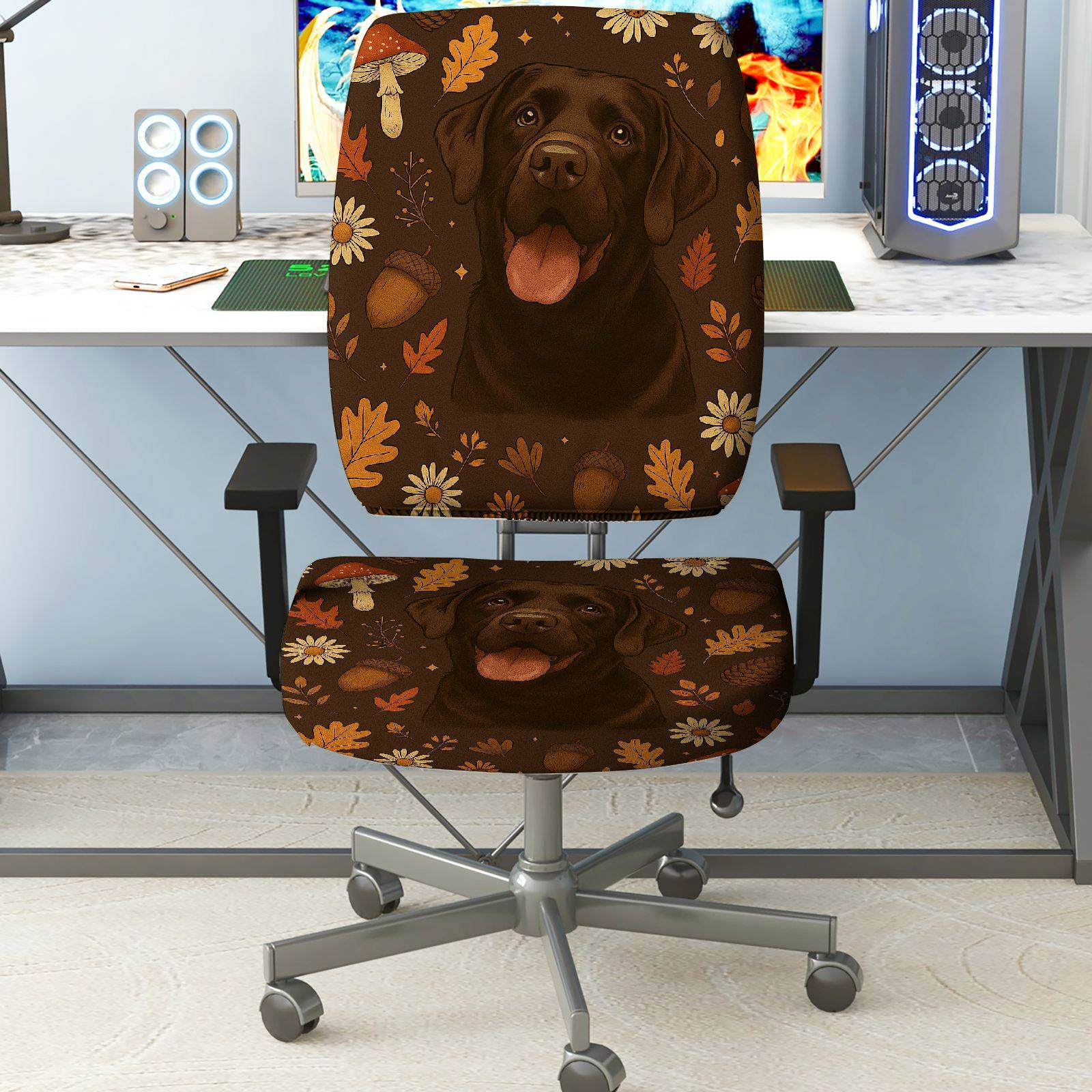 2-Piece Autumn Dog Flower Mushroom Acorn Leaf  Computer Chair Cover Set, Seat and Backrest