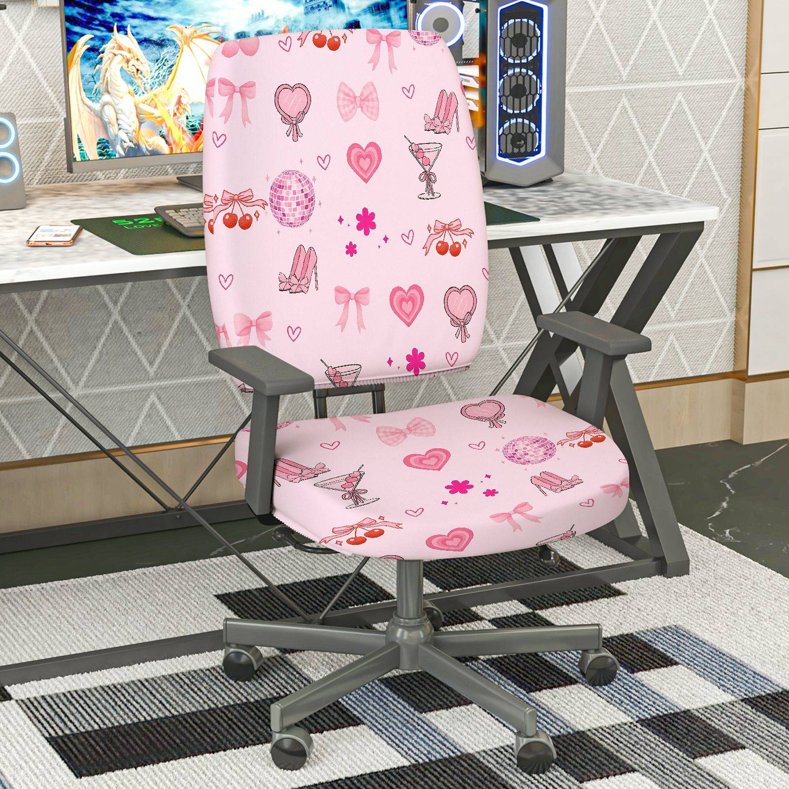 2-Piece Pink Romantic Heart Bow Cherry Flower  Computer Chair Cover Set, Seat and Backrest