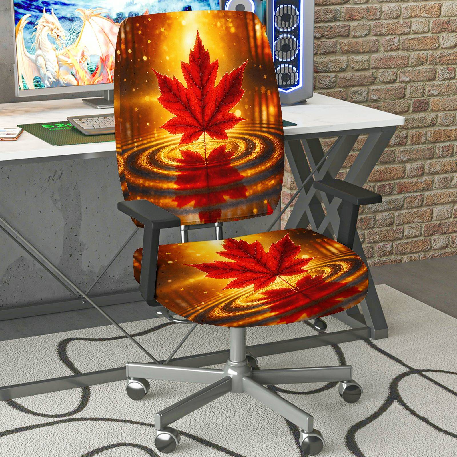 2-Piece Autumn Maple Leaf Nature Festival Holiday Red  Computer Chair Cover Set, Seat and Backrest
