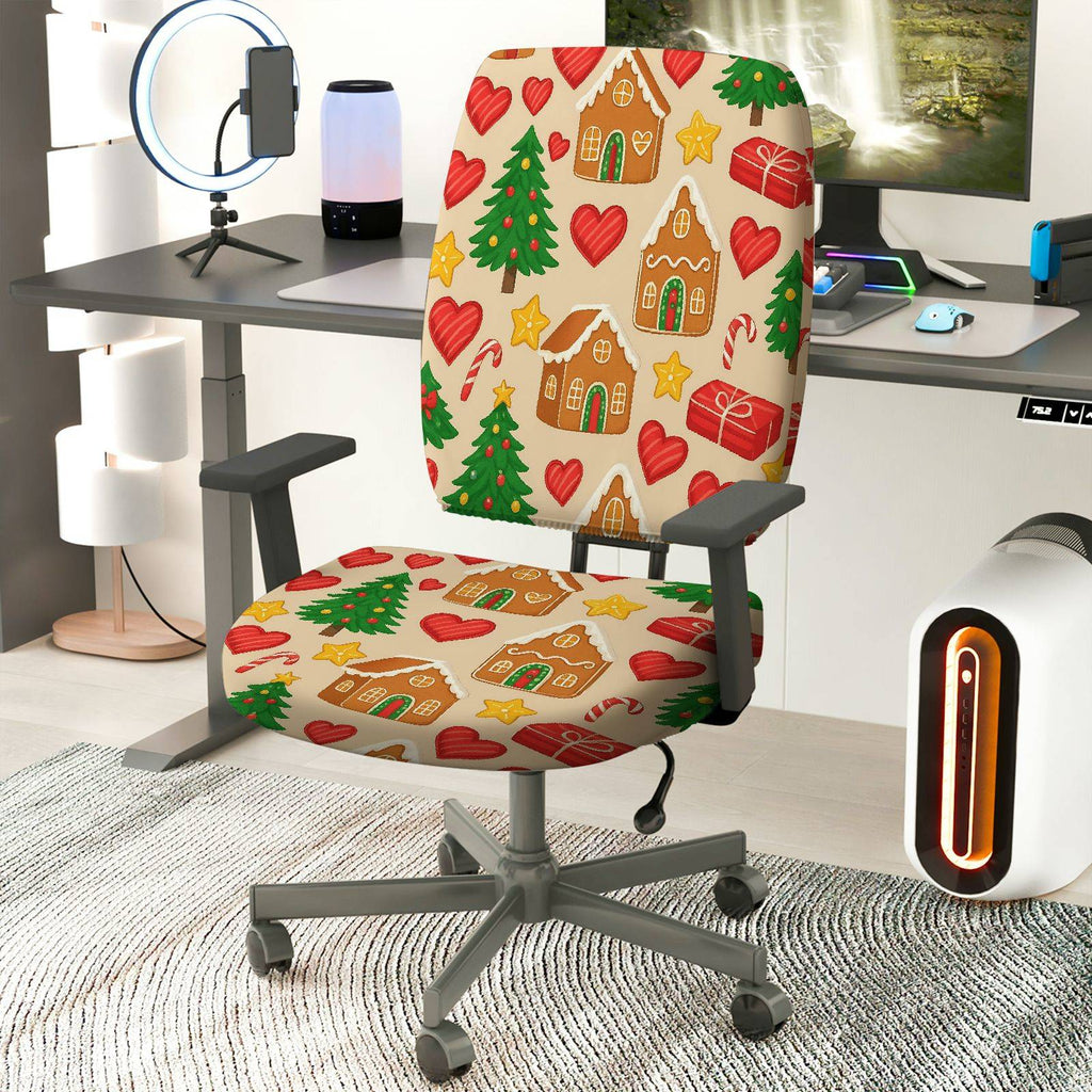 2-Piece Christmas Gingerbread House Candy Cane Tree Holiday  Computer Chair Cover Set, Seat and Backrest