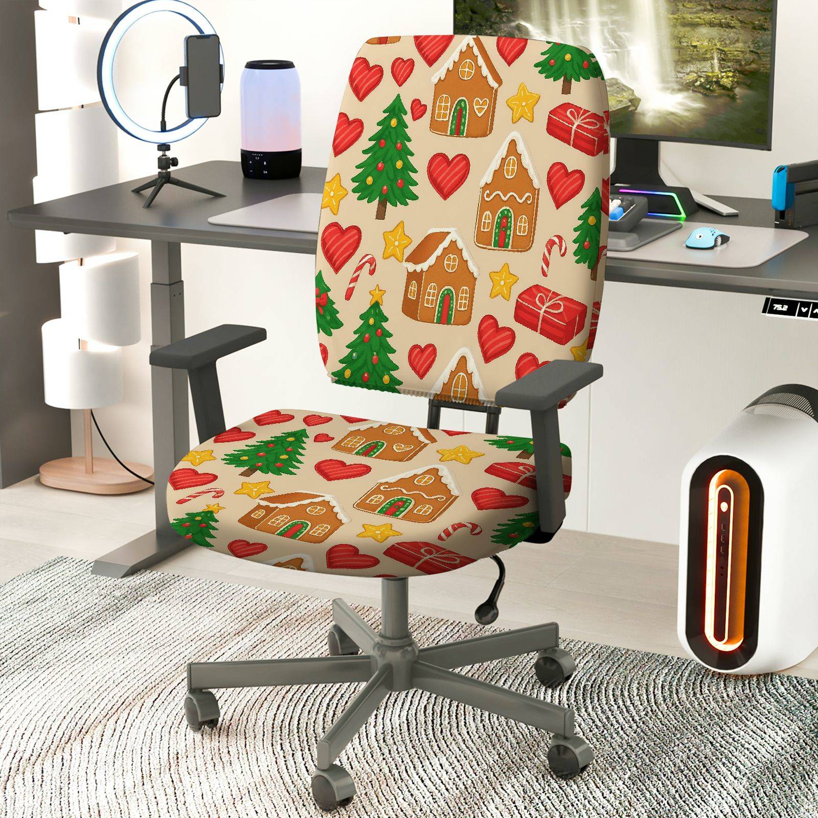 2-Piece Christmas Gingerbread House Candy Cane Tree Holiday  Computer Chair Cover Set, Seat and Backrest