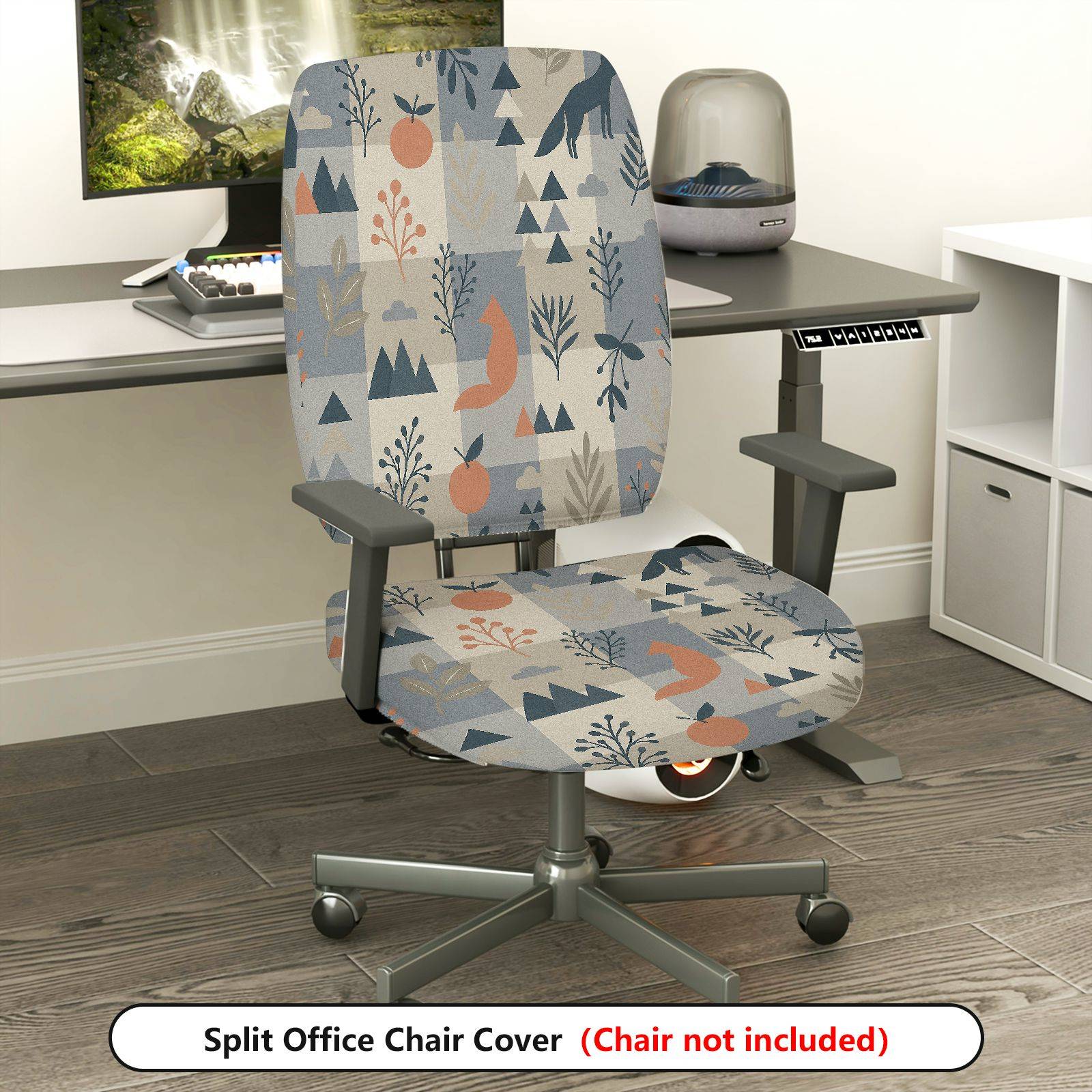 2-Piece Geometric Fox Tree Nature Pattern  Computer Chair Cover Set, Seat and Backrest