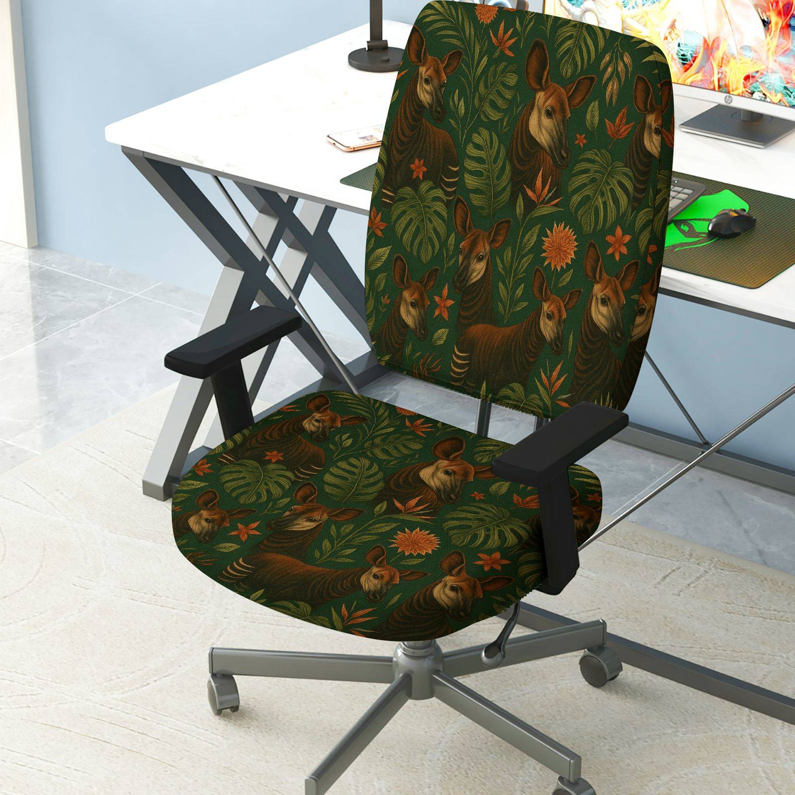 2-Piece Animal Floral Jungle Plant Nature  Computer Chair Cover Set, Seat and Backrest