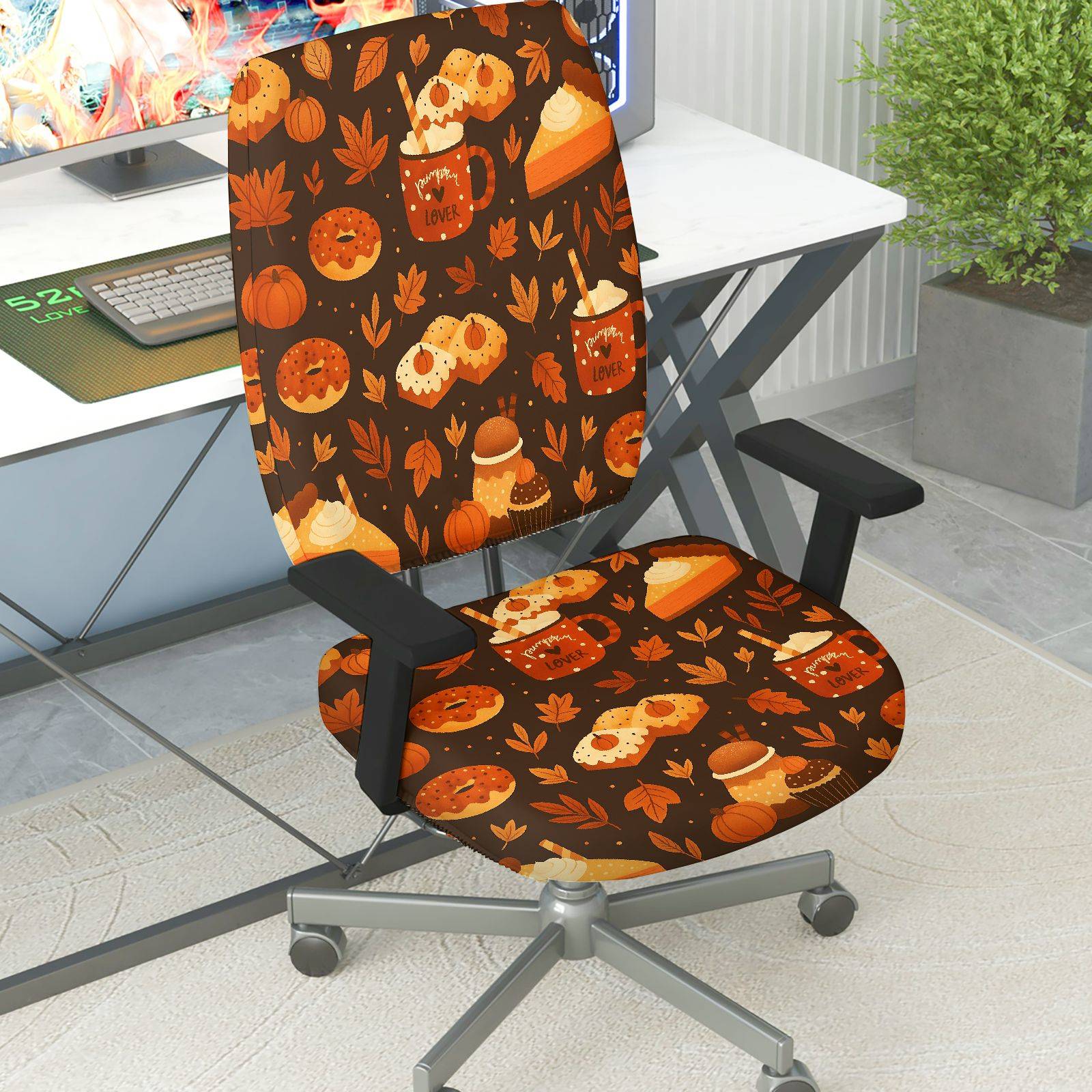 2-Piece Autumn Pumpkin Thanksgiving Dessert Coffee  Computer Chair Cover Set, Seat and Backrest