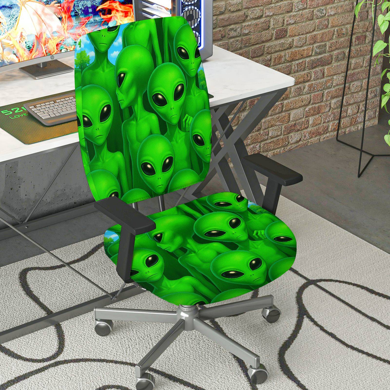 2-Piece Alien Green Sci-Fi Fun Novelty Decor  Computer Chair Cover Set, Seat and Backrest