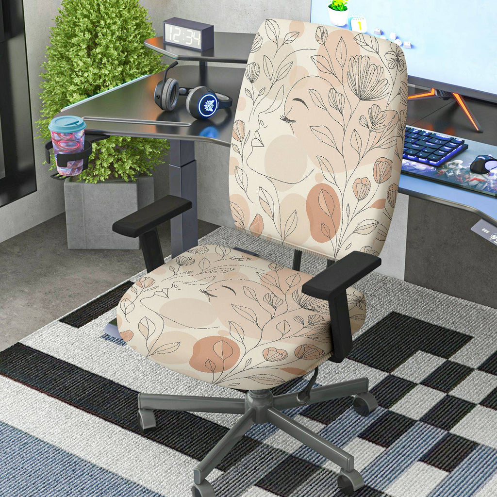 2-Piece Abstract Face Line Art Botanical Floral Modern  Computer Chair Cover Set, Seat and Backrest