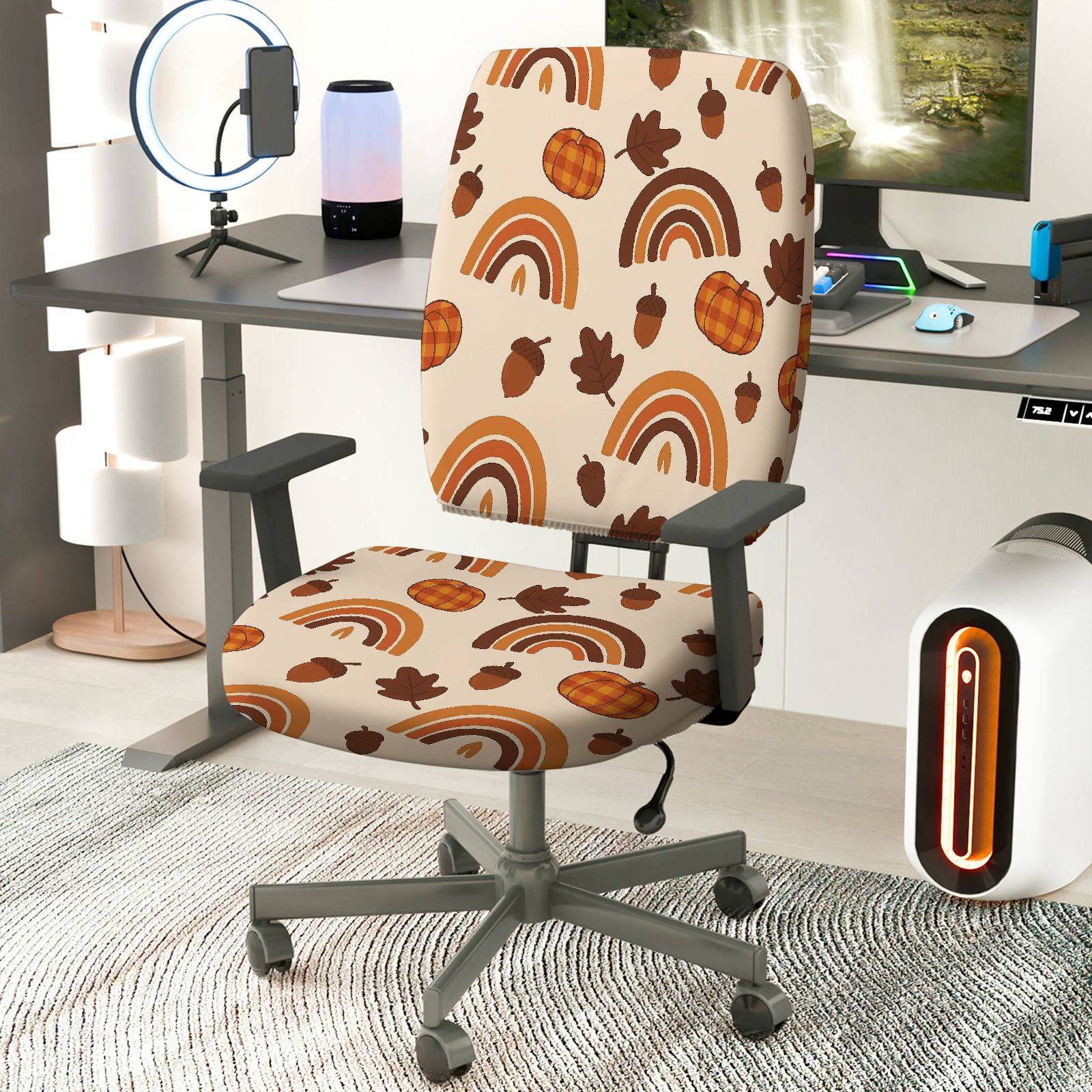 2-Piece Autumn Pumpkin Acorn Rainbow Leaves Thanksgiving  Computer Chair Cover Set, Seat and Backrest