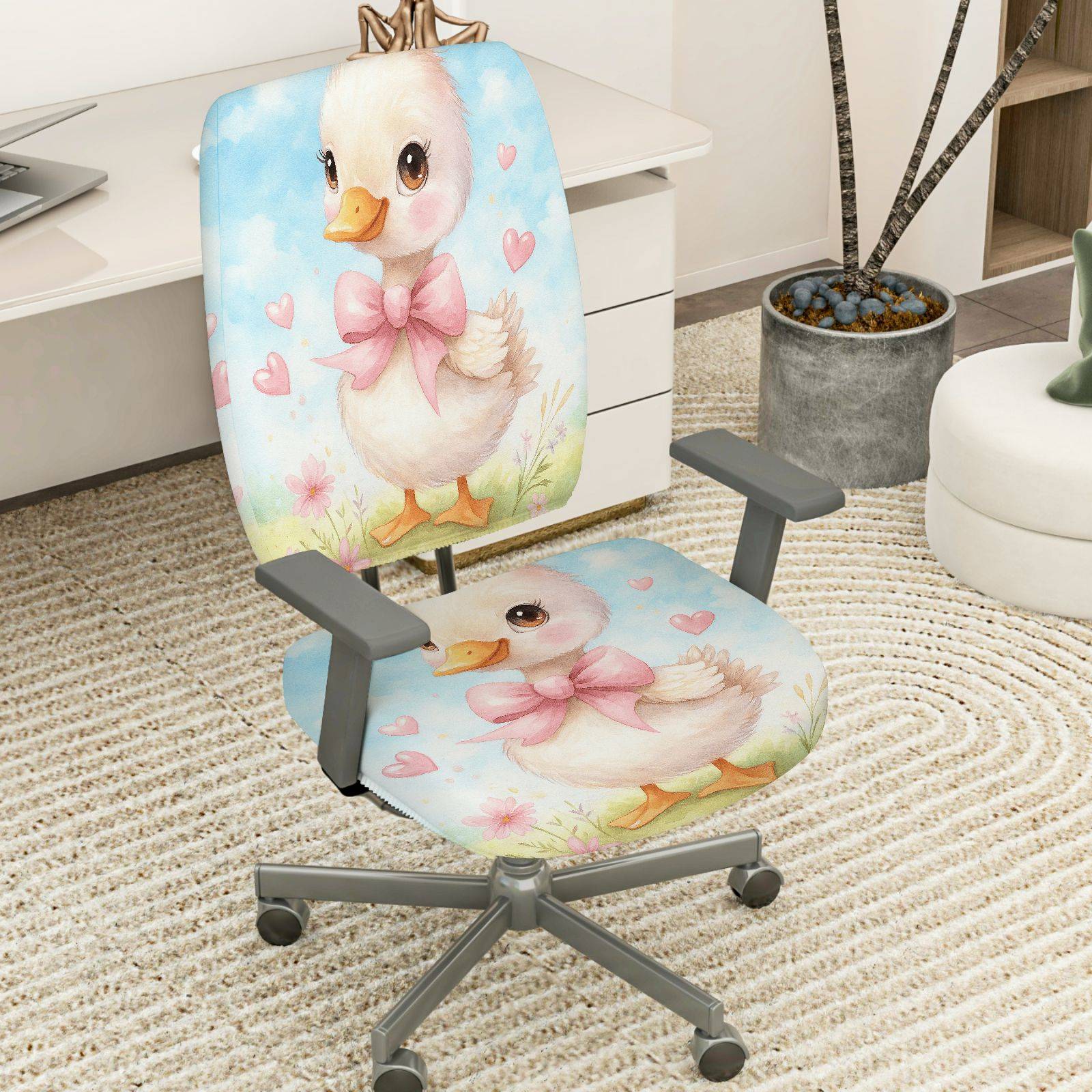 2-Piece Cute Duck Pink Bow Heart Spring  Computer Chair Cover Set, Seat and Backrest