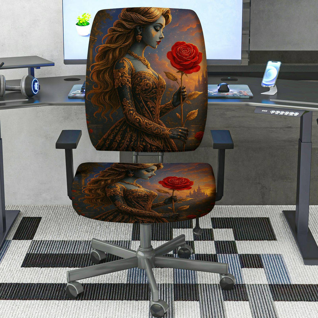 2-Piece Artistic Romantic Rose Woman Graphic  Computer Chair Cover Set, Seat and Backrest