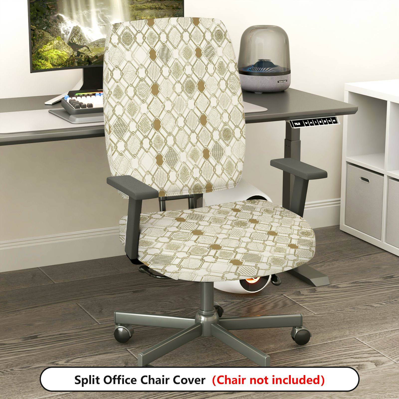 2-Piece Geometric Pattern Gold Beige Art  Computer Chair Cover Set, Seat and Backrest
