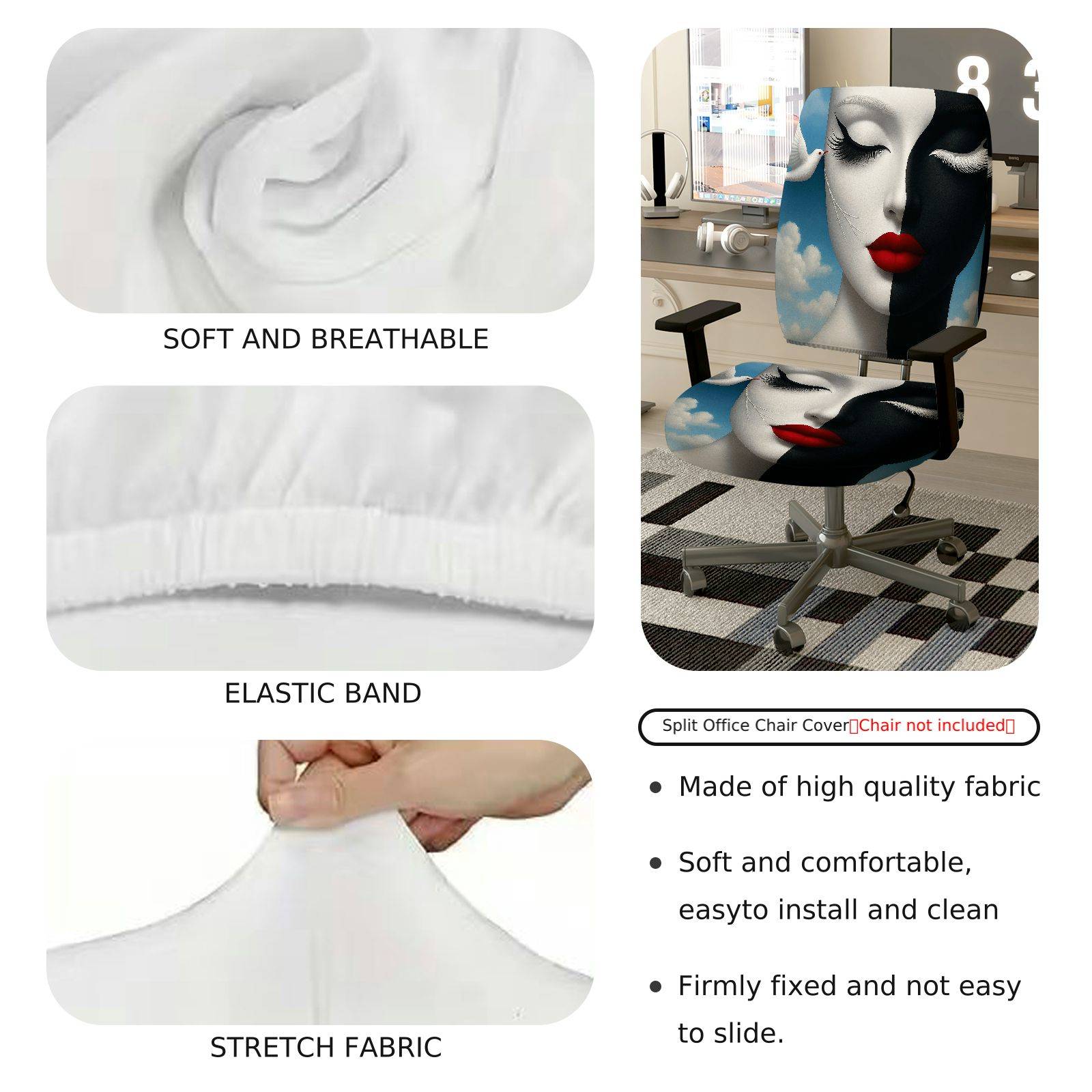 2-Piece Artistic Abstract Cloud Face Modern Lip  Computer Chair Cover Set, Seat and Backrest