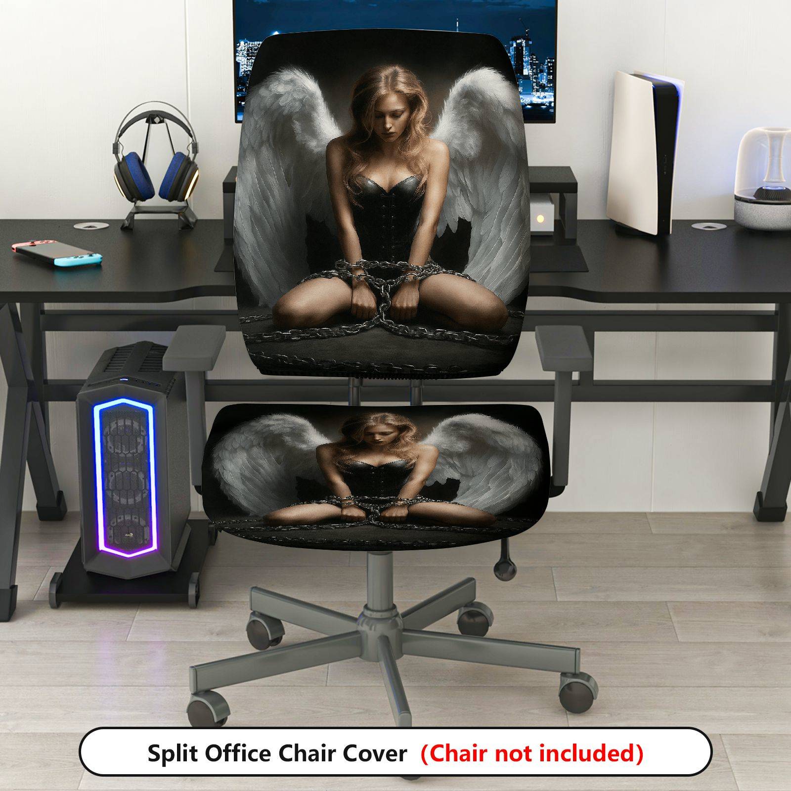 2-Piece Angel Wings Chains Black White Gothic  Computer Chair Cover Set, Seat and Backrest