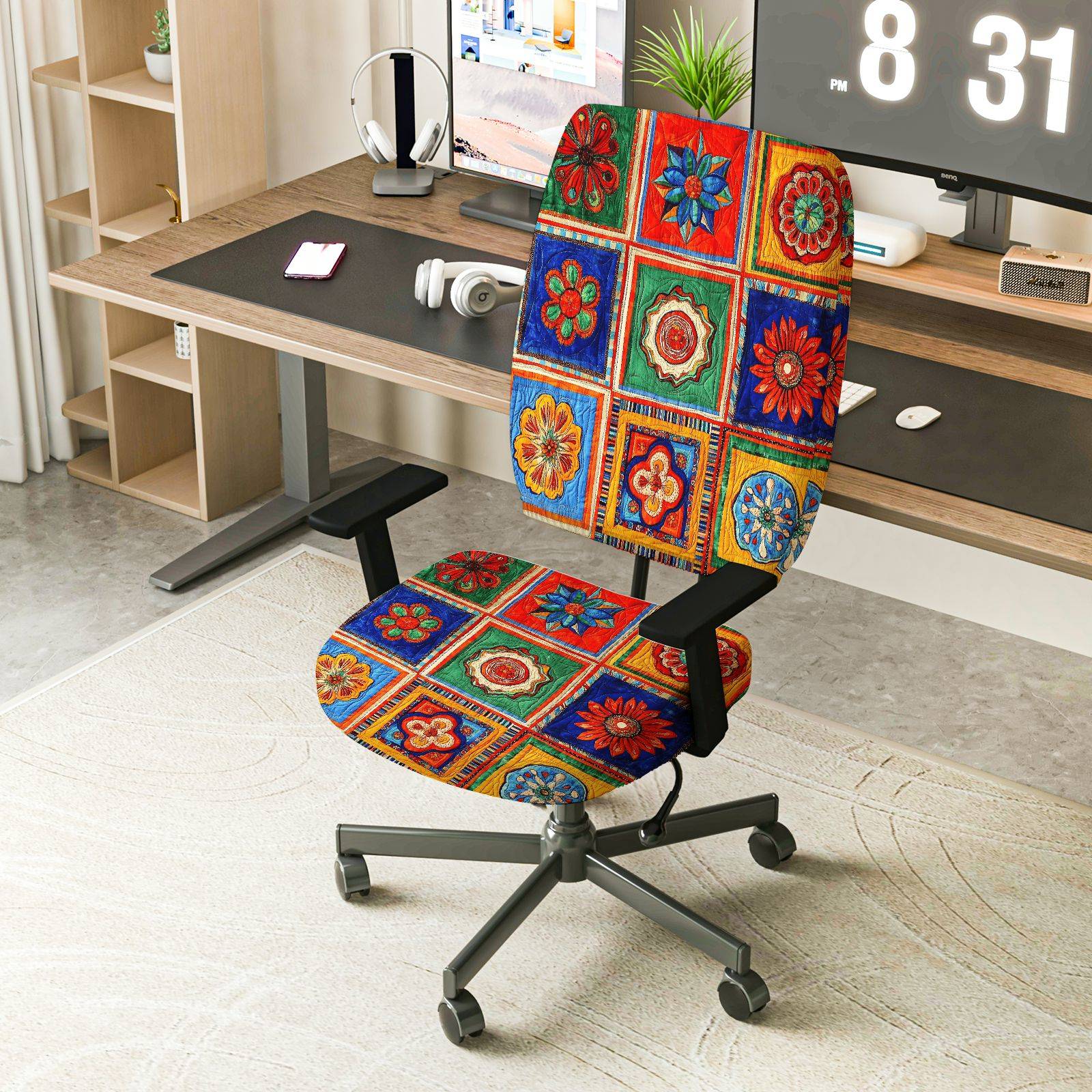 2-Piece Bohemian Colorful Geometric Floral Pattern  Computer Chair Cover Set, Seat and Backrest