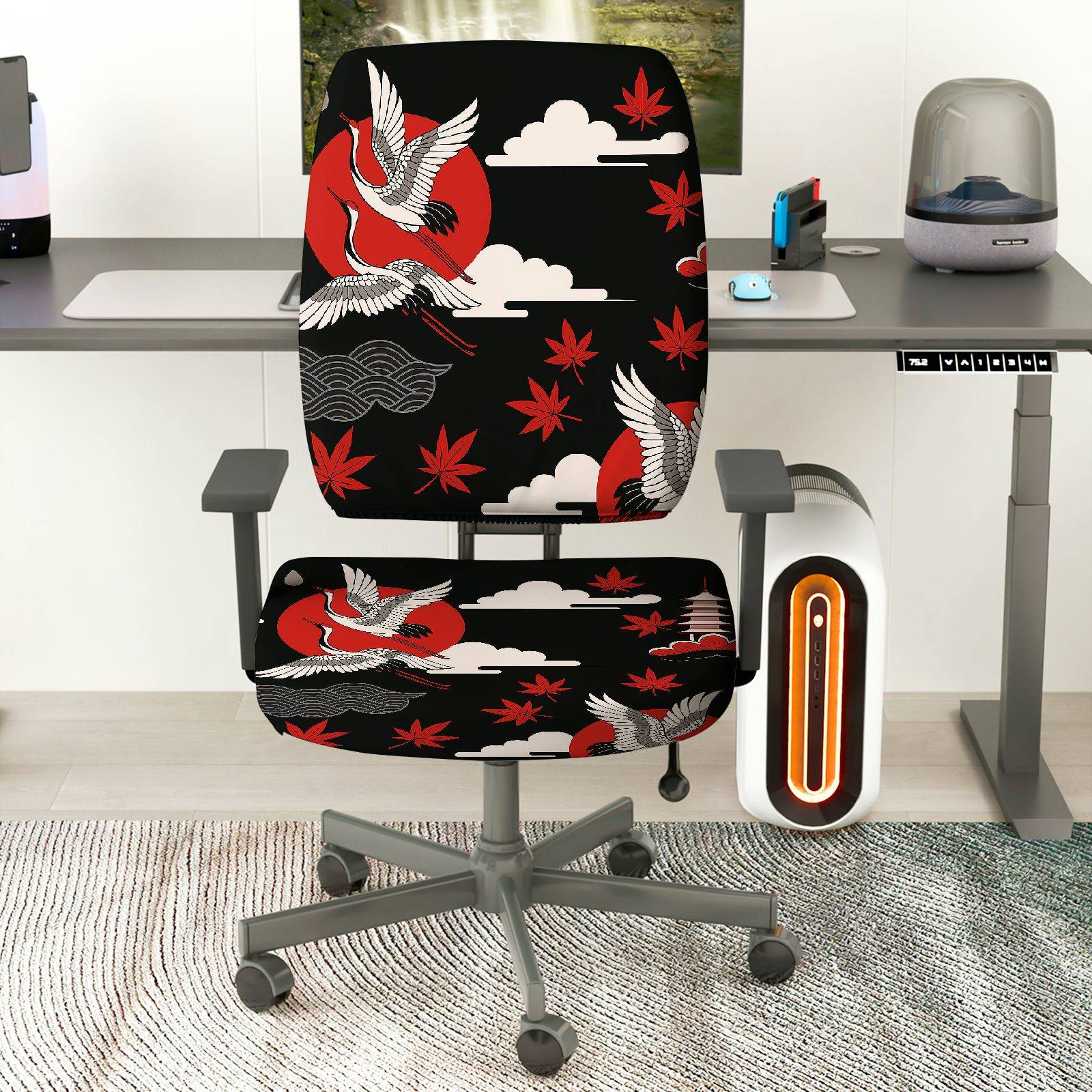 2-Piece Japanese Crane Red Nature Pattern  Computer Chair Cover Set, Seat and Backrest