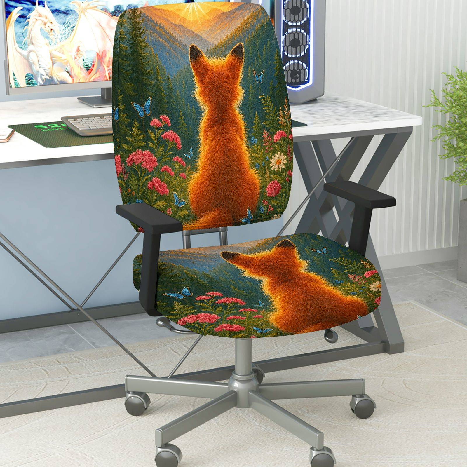 2-Piece Animal Forest Fox Nature Scenic Art  Computer Chair Cover Set, Seat and Backrest