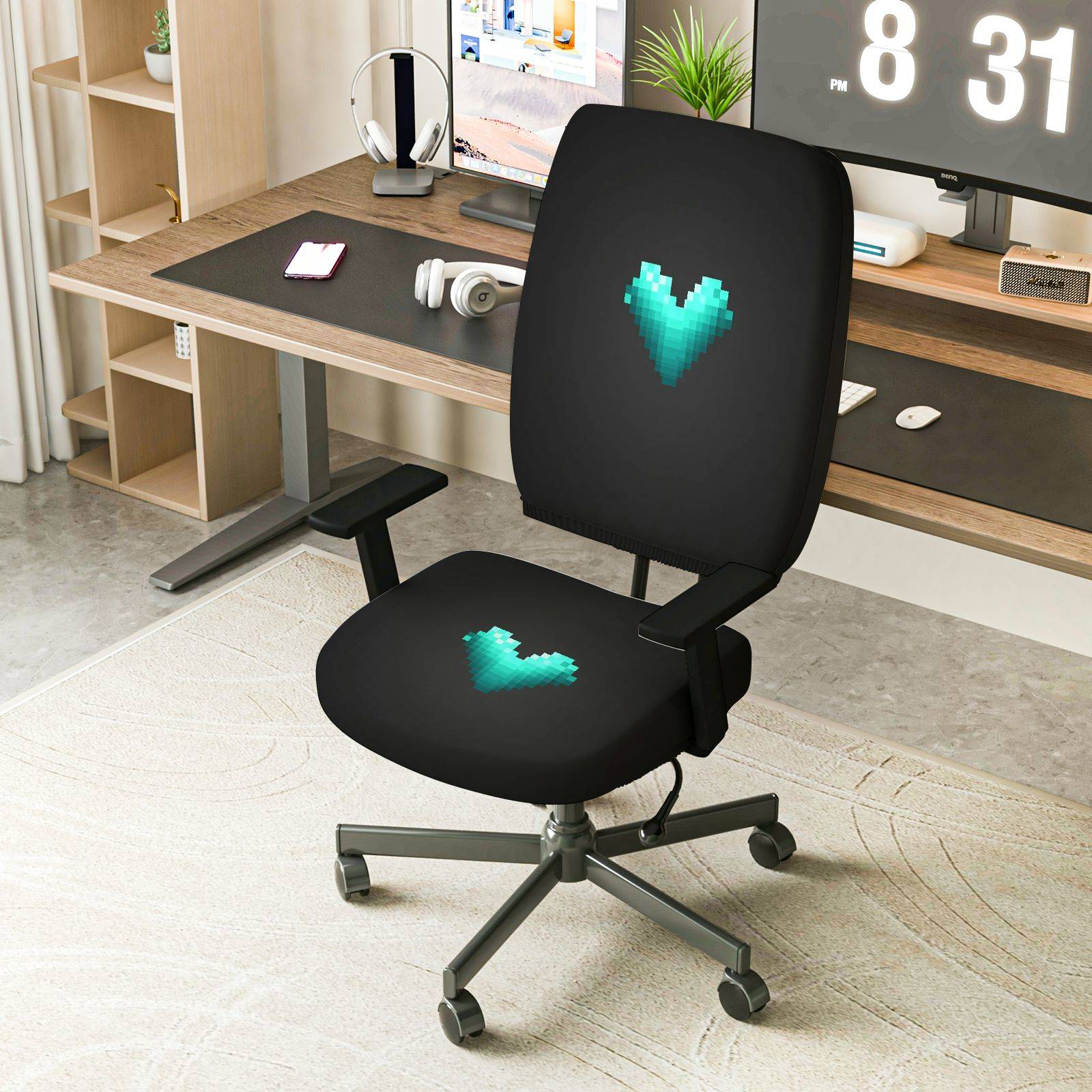 2-Piece Geometric Heart Pixel Art Gaming Valentine  Computer Chair Cover Set, Seat and Backrest