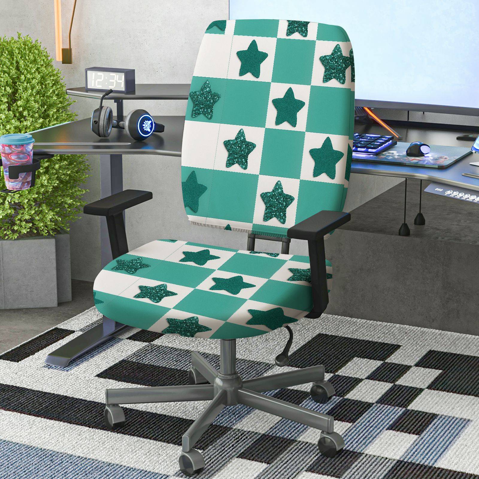 2-Piece Aesthetic Checkered Star Glitter Geometric  Computer Chair Cover Set, Seat and Backrest