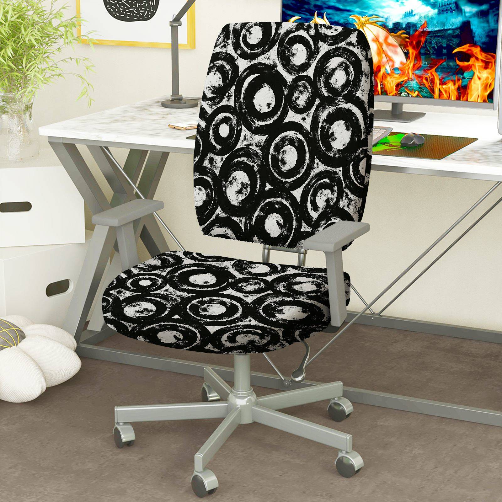 2-Piece Abstract Art Black White Circles  Computer Chair Cover Set, Seat and Backrest