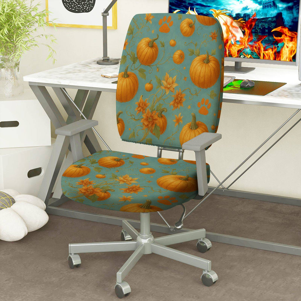 2-Piece Autumn Pumpkin Leaves Festive Decorative  Computer Chair Cover Set, Seat and Backrest