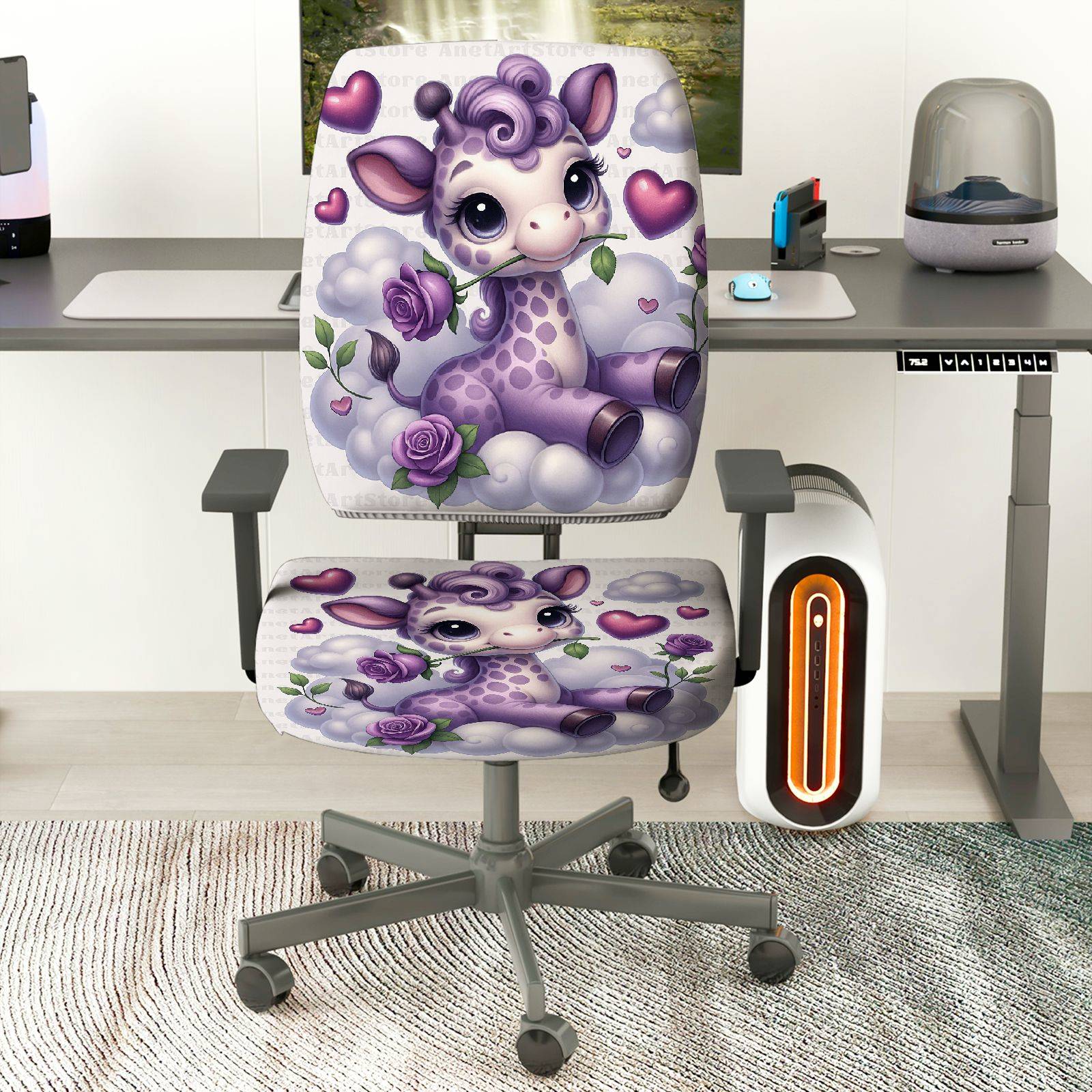 2-Piece Cute Fantasy Animal Hearts Clouds Roses  Computer Chair Cover Set, Seat and Backrest
