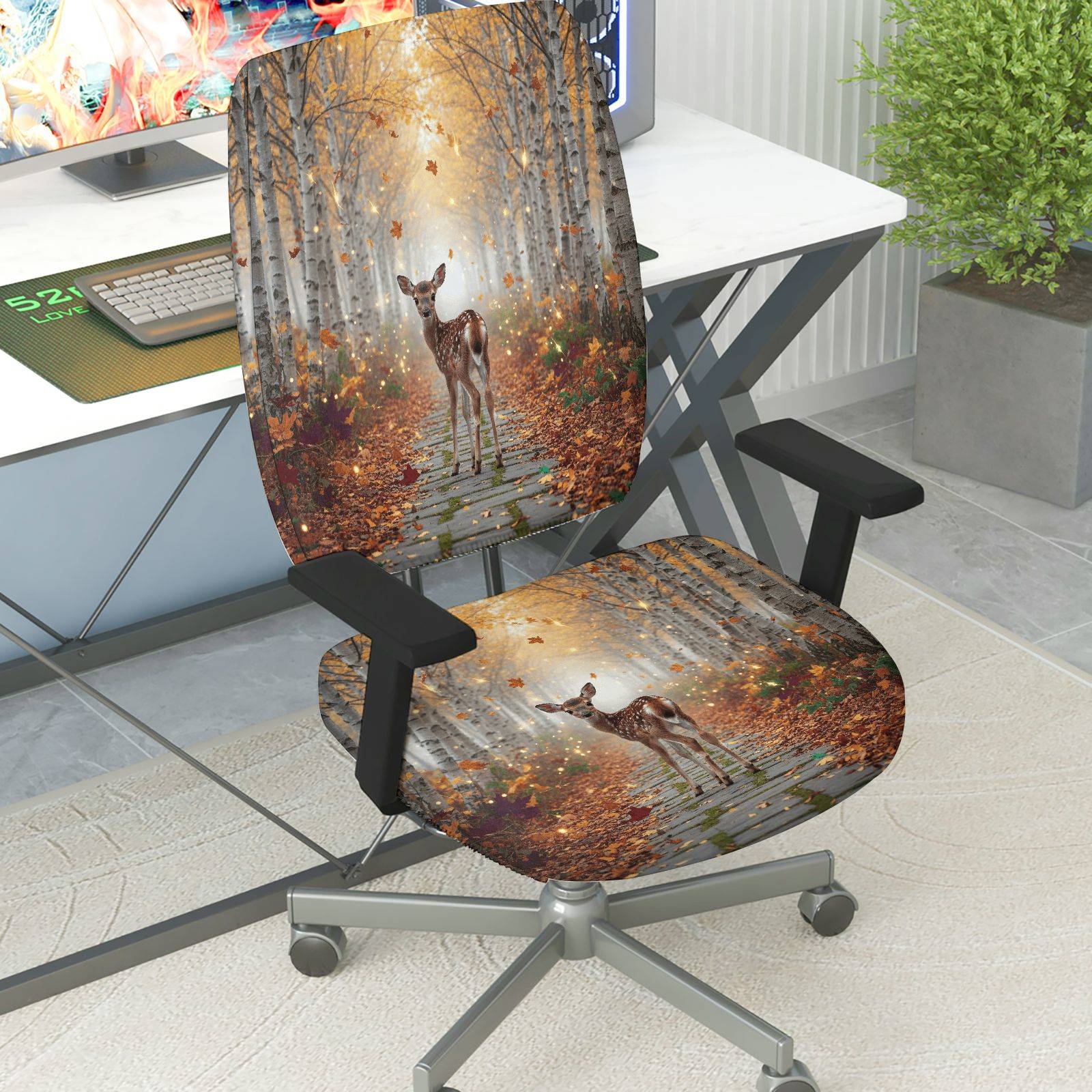 2-Piece Autumn Deer Forest Path Leaves Nature  Computer Chair Cover Set, Seat and Backrest