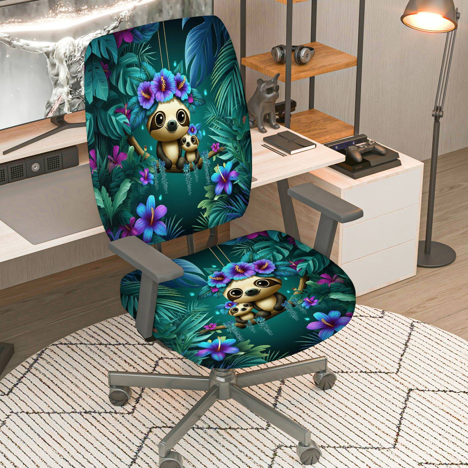 2-Piece Cute Panda Tropical Floral Jungle Animal  Computer Chair Cover Set, Seat and Backrest