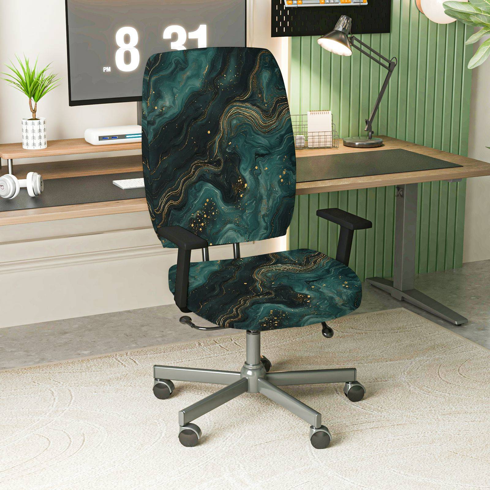 2-Piece Abstract Marble Gold Green Swirl Hypnotic  Computer Chair Cover Set, Seat and Backrest