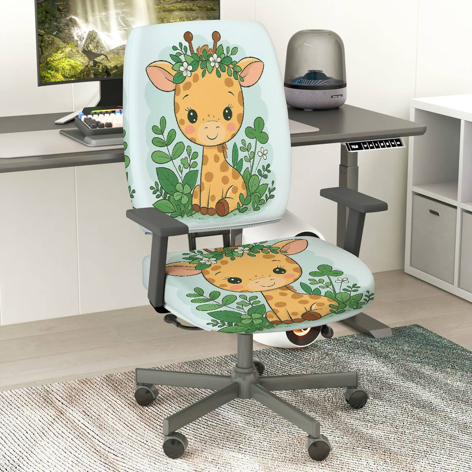 2-Piece Cute Giraffe Animal Jungle Pattern Greenery  Computer Chair Cover Set, Seat and Backrest