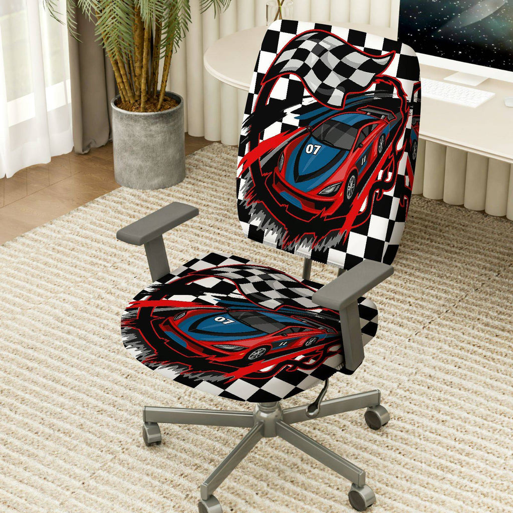 2-Piece Racing car checkered flag black red blue  Computer Chair Cover Set, Seat and Backrest