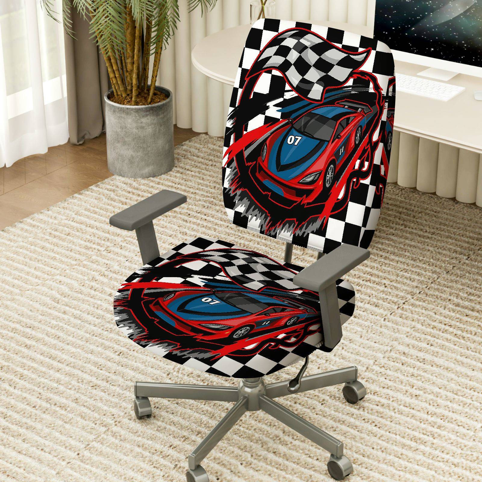 2-Piece Racing car checkered flag black red blue  Computer Chair Cover Set, Seat and Backrest
