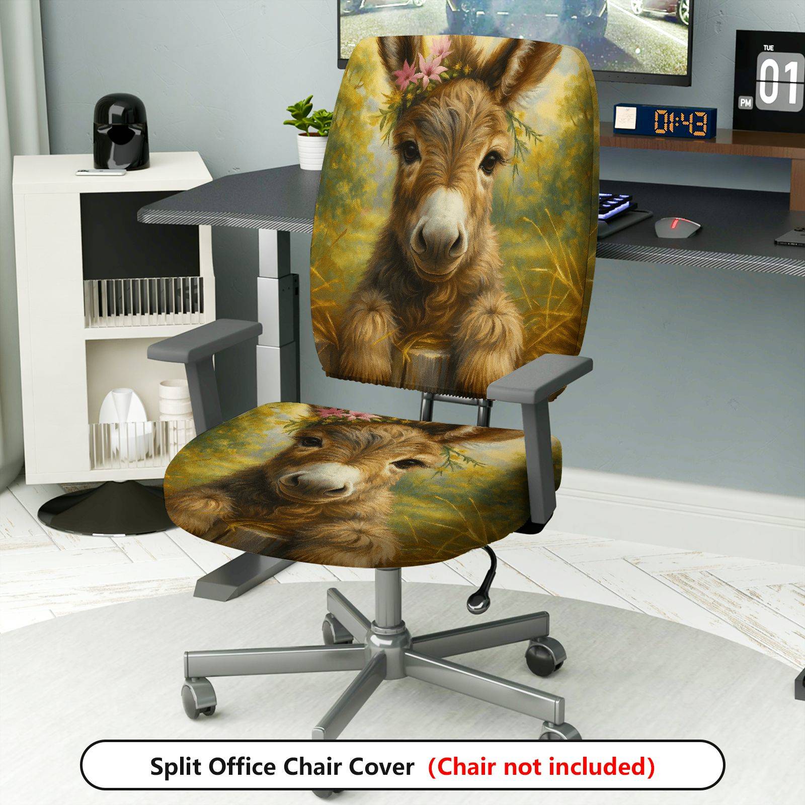 2-Piece Animal Floral Donkey Art Printed Decorative  Computer Chair Cover Set, Seat and Backrest