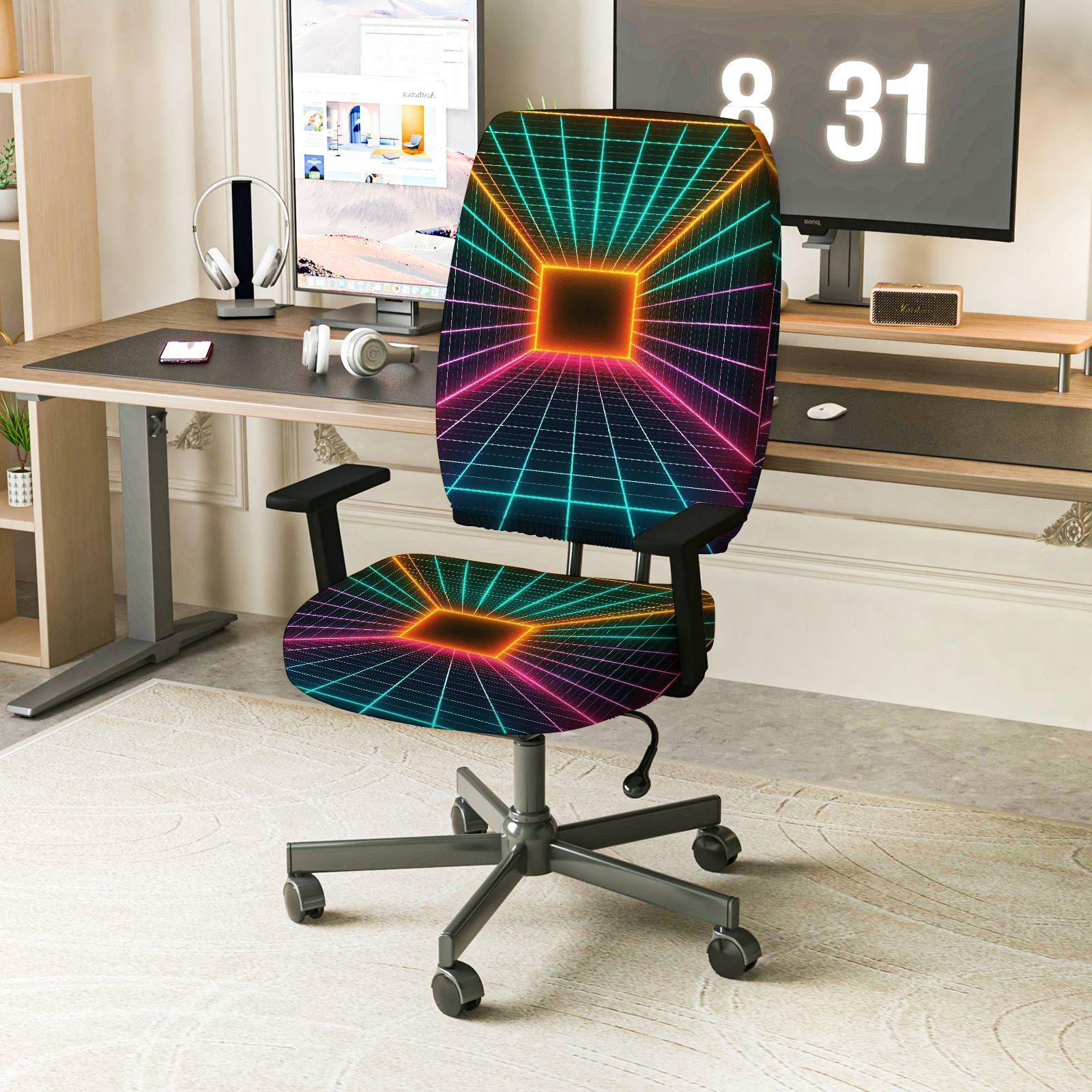 2-Piece Geometric Futuristic Cyberpunk Retro  Computer Chair Cover Set, Seat and Backrest