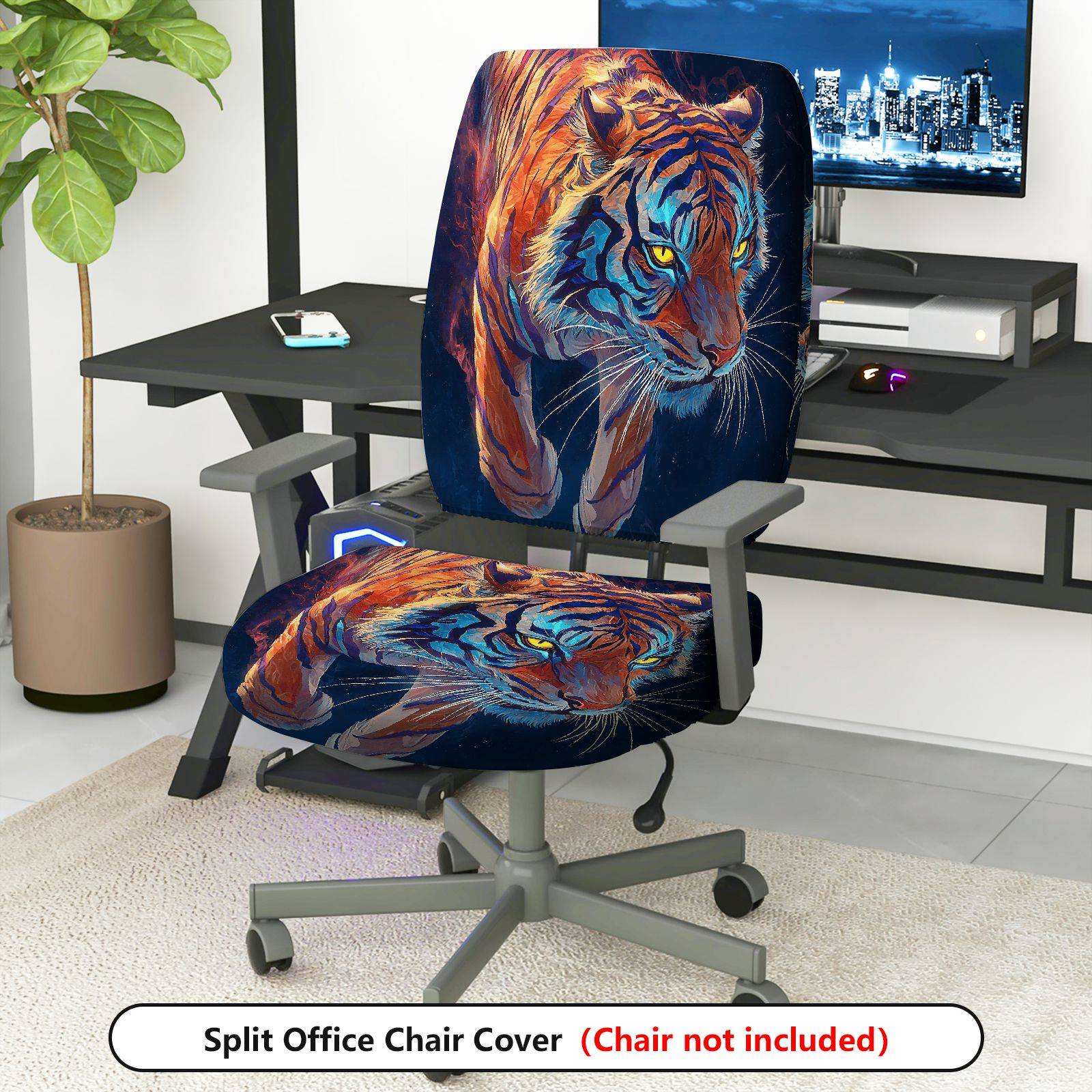 2-Piece Artistic Tiger Animal Pattern Vibrant Stylish Decorative  Computer Chair Cover Set, Seat and Backrest