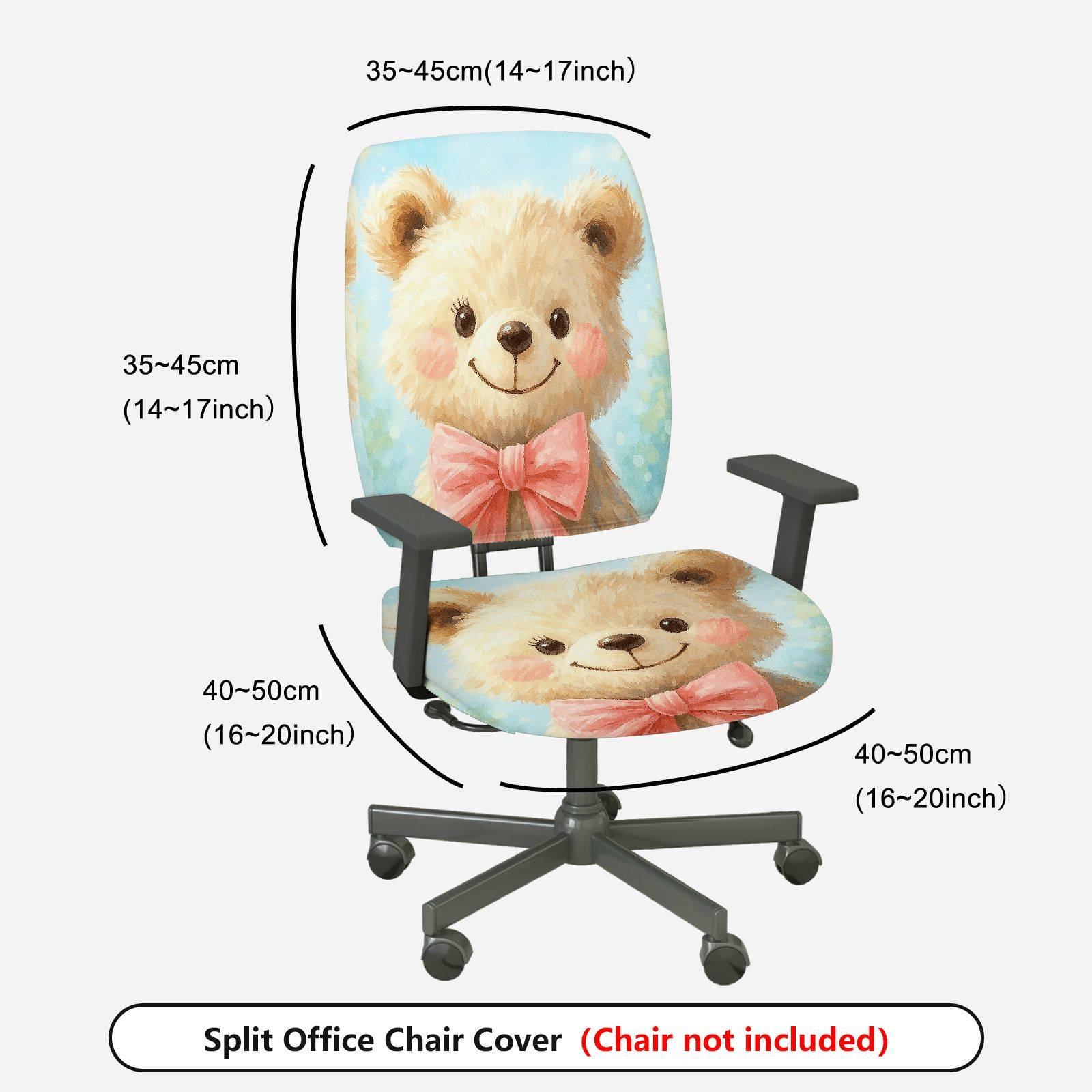 2-Piece Animal Cute Bow Smiling Bear Decorative  Computer Chair Cover Set, Seat and Backrest