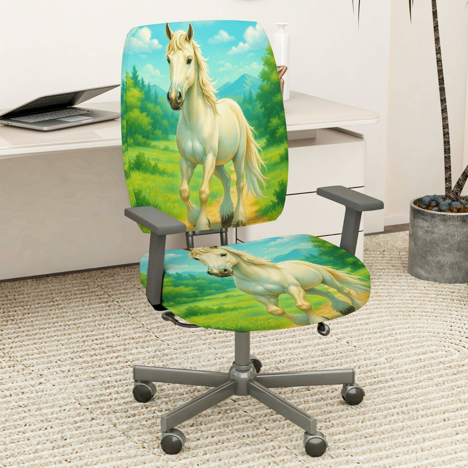2-Piece Horse Nature Landscape Scenery Animal Art  Computer Chair Cover Set, Seat and Backrest