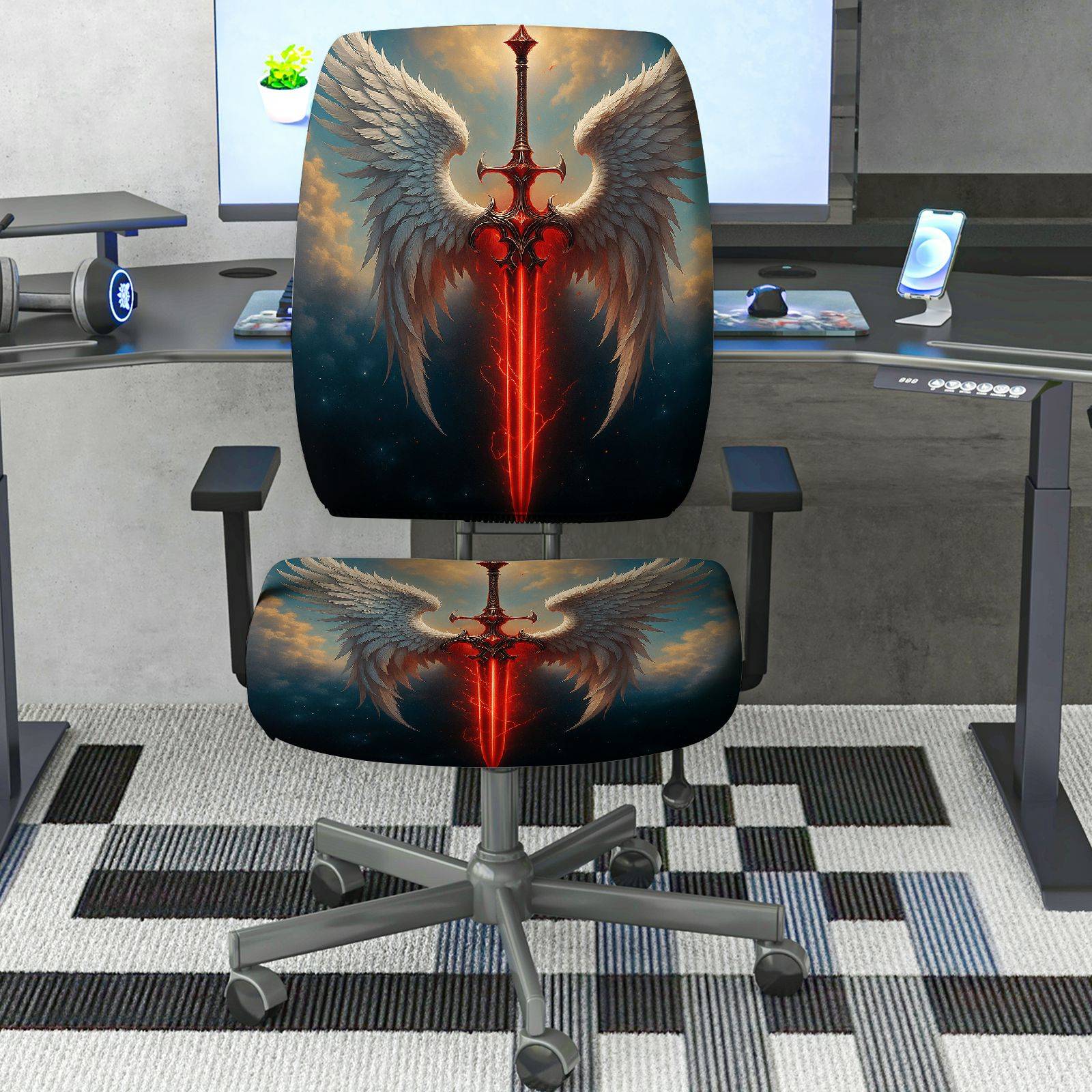 2-Piece Angel Wings Sword Fantasy Gaming  Computer Chair Cover Set, Seat and Backrest