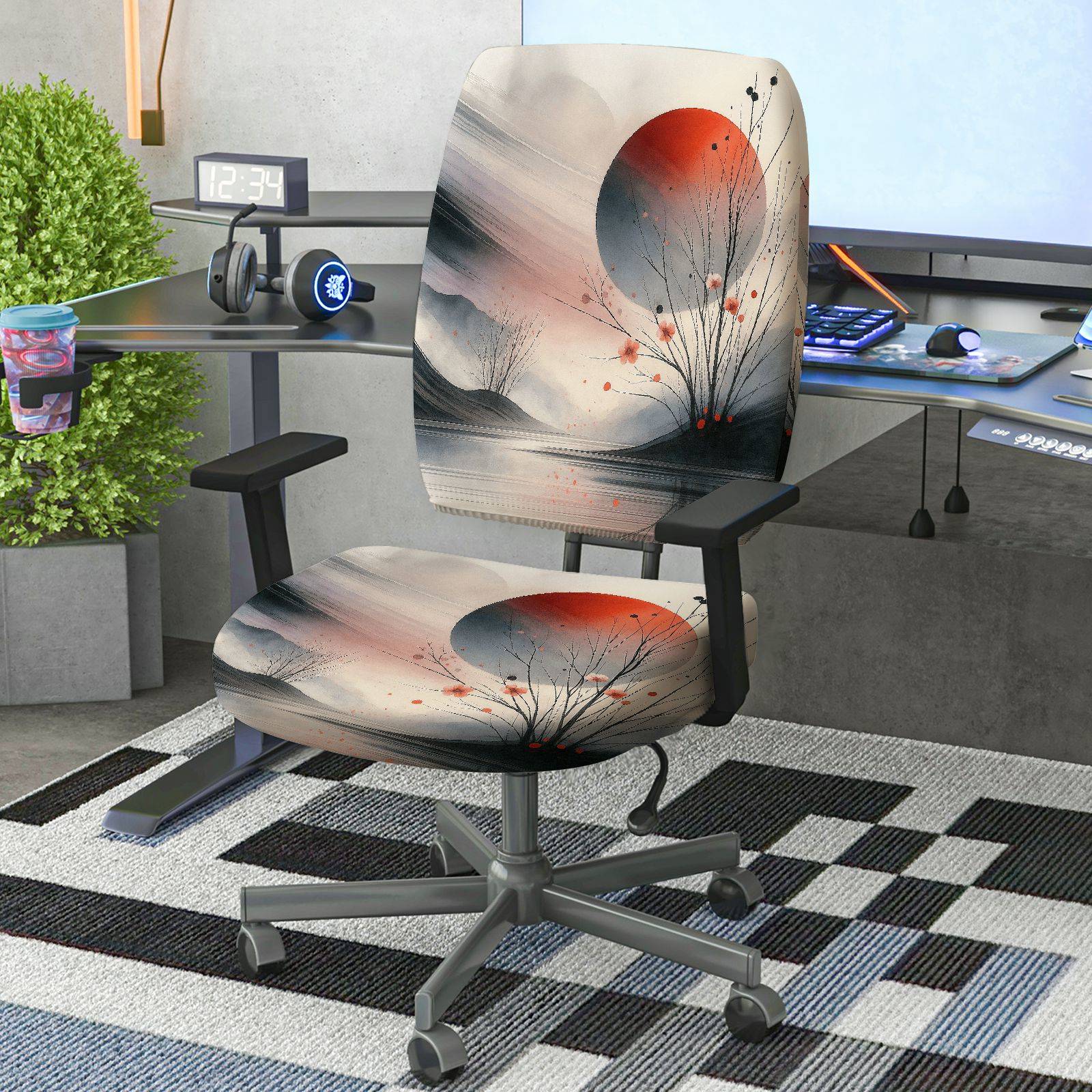 2-Piece Abstract Zen Nature Moon Artistic  Computer Chair Cover Set, Seat and Backrest