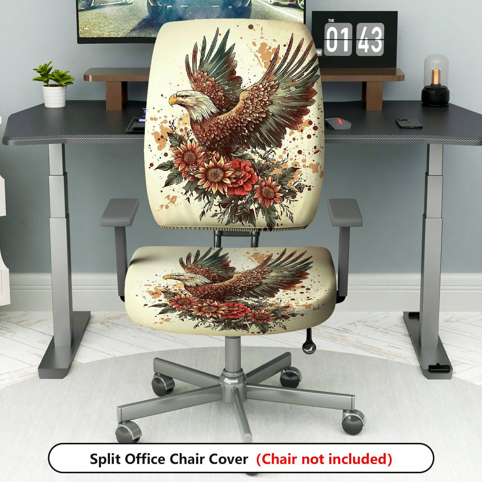 2-Piece Eagle Floral Artistic Vintage Animal  Computer Chair Cover Set, Seat and Backrest