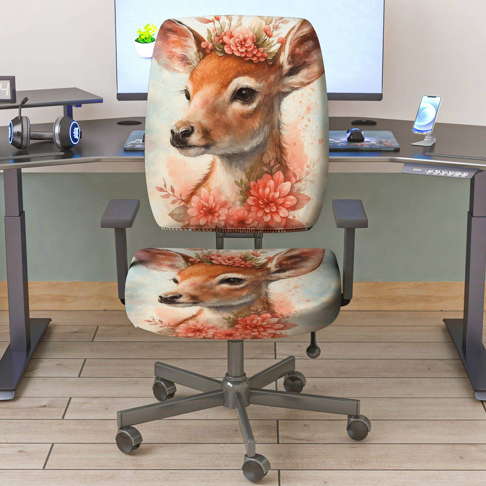 2-Piece Floral Deer Animal Art Design  Computer Chair Cover Set, Seat and Backrest