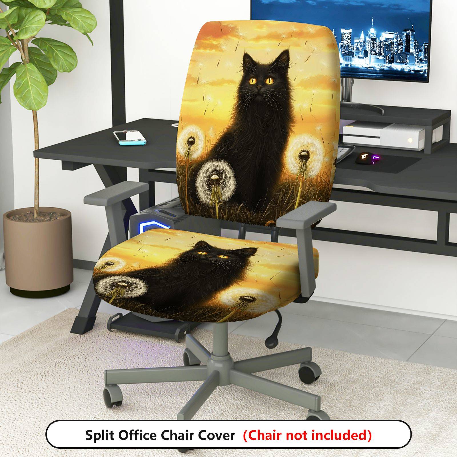 2-Piece Black Cat Dandelion Sunset Art Stylish  Computer Chair Cover Set, Seat and Backrest