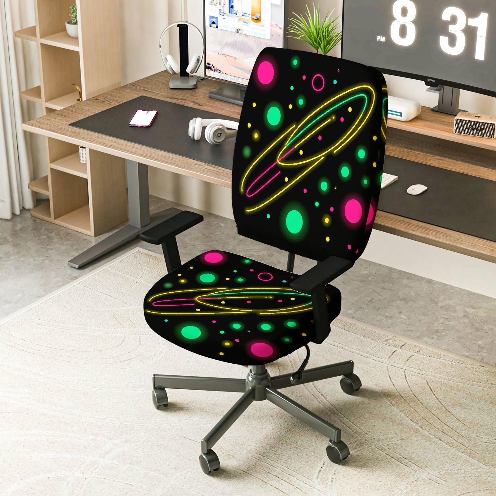 2-Piece Colorful Geometric Pattern  Computer Chair Cover Set, Seat and Backrest